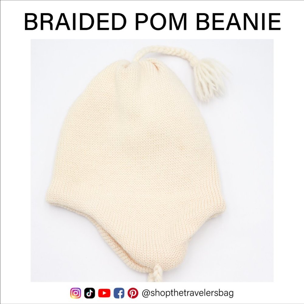 Beanie Knit Pom Braids Off-White Beige